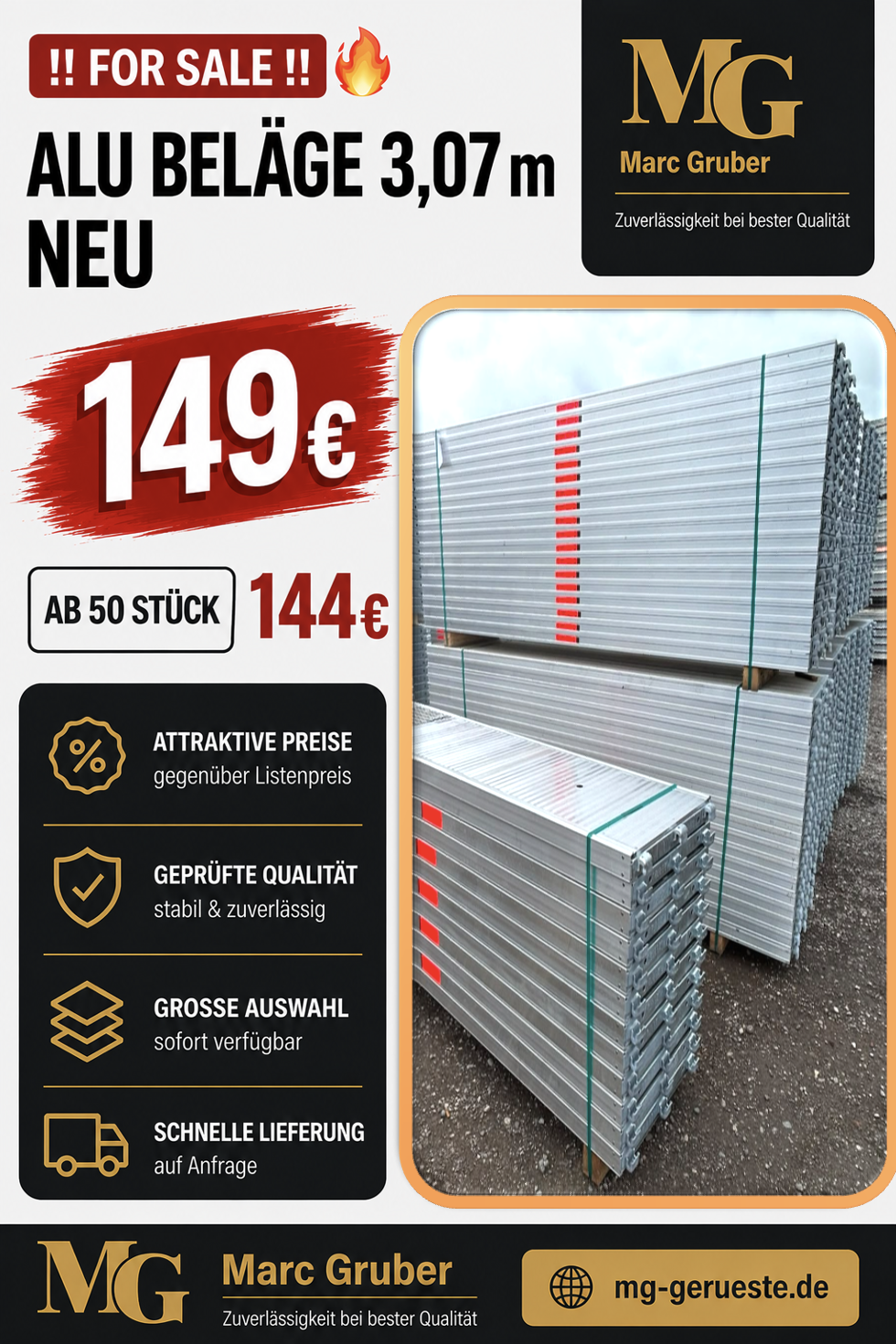 Stacks of aluminum panels for sale, priced at 149€ each, new and available from Marc Gruber company.