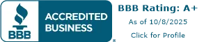 BBB Accredited Business seal with text stating 985 Ratings, A+ Rating, and 96% recommendation percentage.