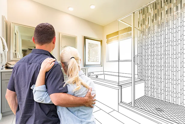 Couple embracing and looking at a bathroom partially rendered as a detailed line drawing with a shower, bathtub, and window.