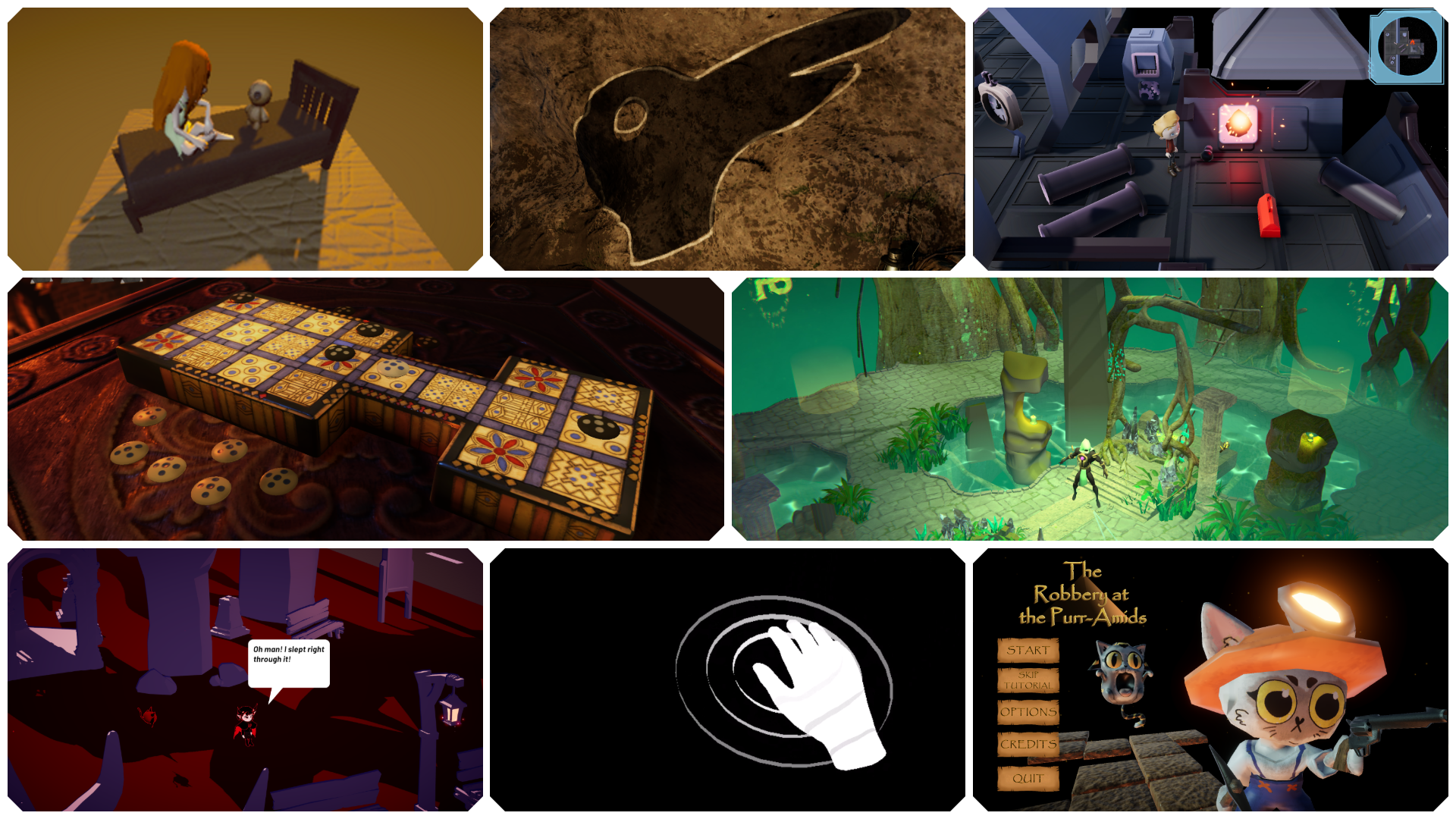 Collage of seven video game scenes including a girl sitting on a bed with a small robot, a bird-shaped carving on stone, a character next to a glowing object in a futuristic room, a patterned board game with circular tokens, a character in a mystical forest with glowing totems, a comic-style scene with a surprised character and speech bubble, a white hand icon on black background, and a game menu featuring a cat character in a miner helmet pointing a gun titled 'The Robbery at the Purr-Amids'.