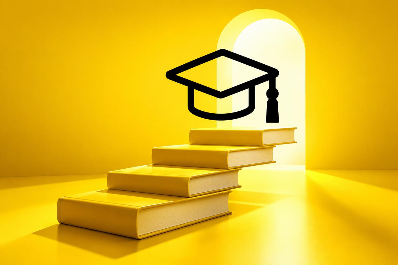 Graduation cap above a staircase of books, representing the path to a top 200 university.