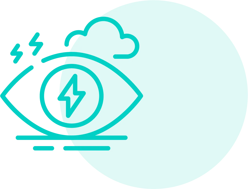 Stylized eye with a lightning bolt inside and small lightning lines above it on a blue circle background.