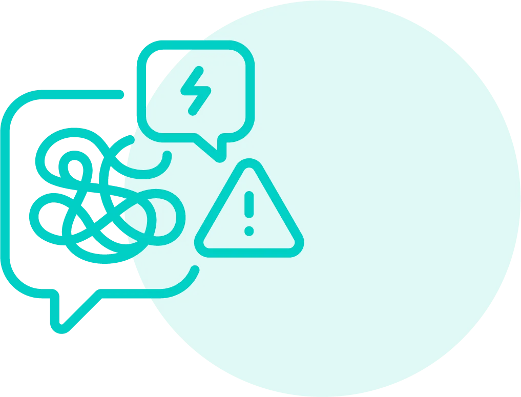 Speech bubbles with tangled lines, lightning bolt, and warning sign over a teal circle background.