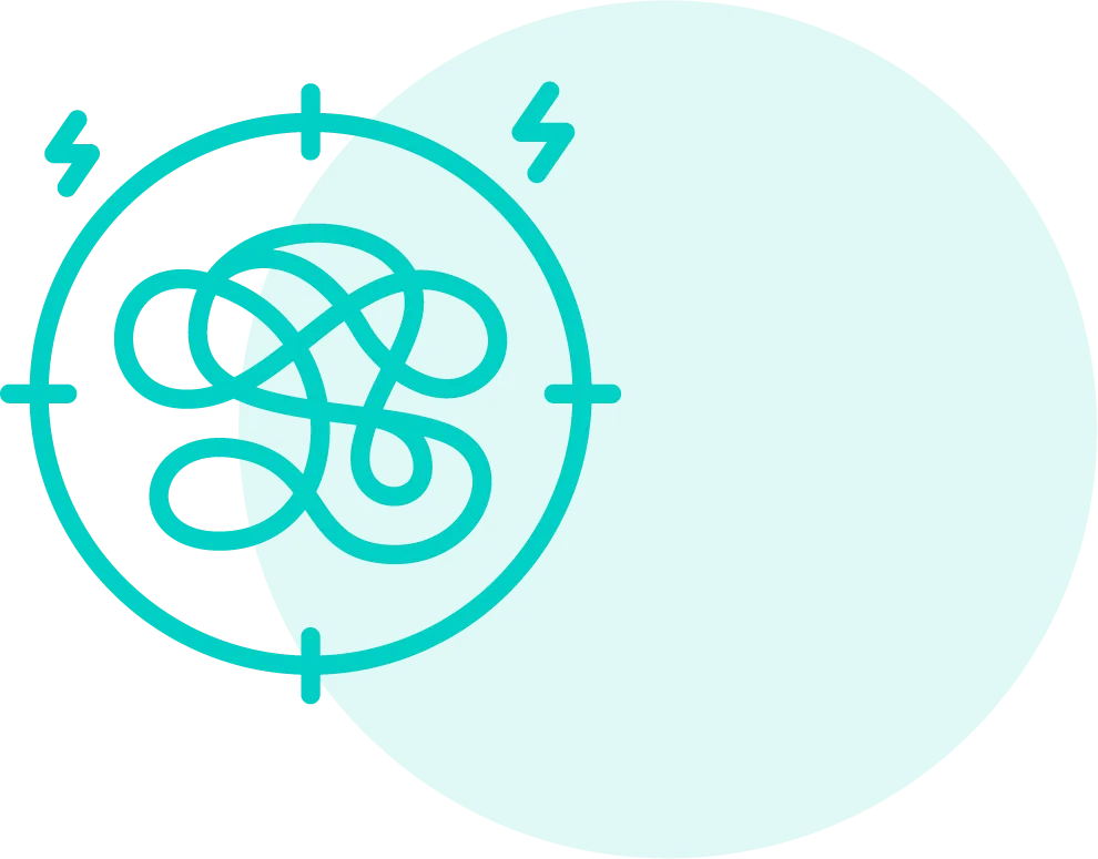 Teal target icon with a tangled line inside and lightning bolt symbols on a light blue circle background.