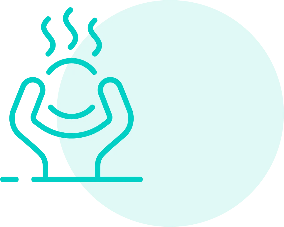 Line art of hands holding a steaming hot bowl in front of a large blue circle.