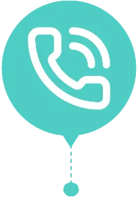 White phone handset with sound waves in a teal circular speech bubble with a tail below.