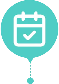 Calendar icon with a checkmark inside on a teal circular background with a pointer below.