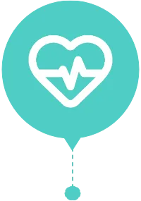 White heart with heartbeat line inside on teal circular background with pointer below.