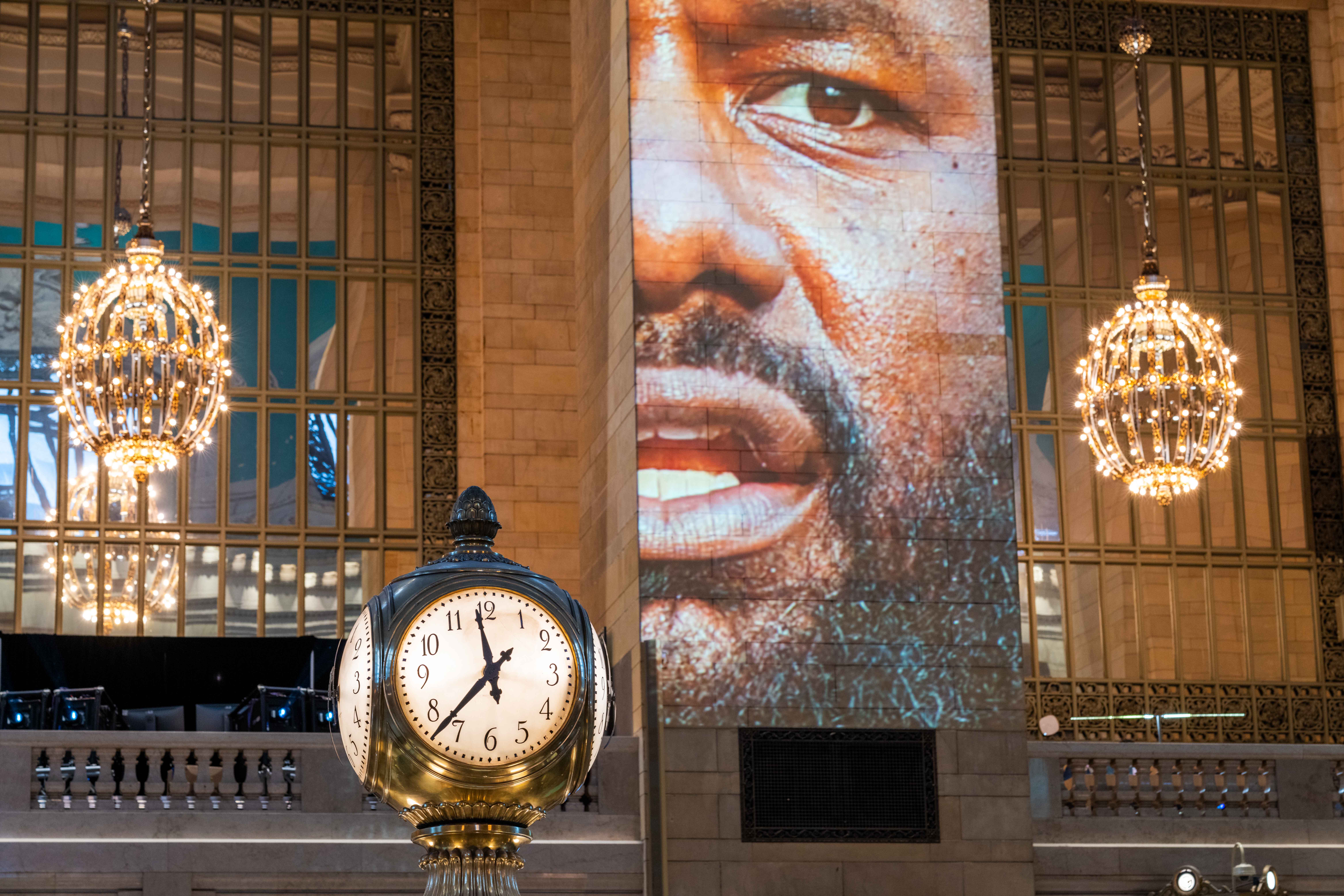A close up of a projection at Grand Central during Dear New York, the art installation.