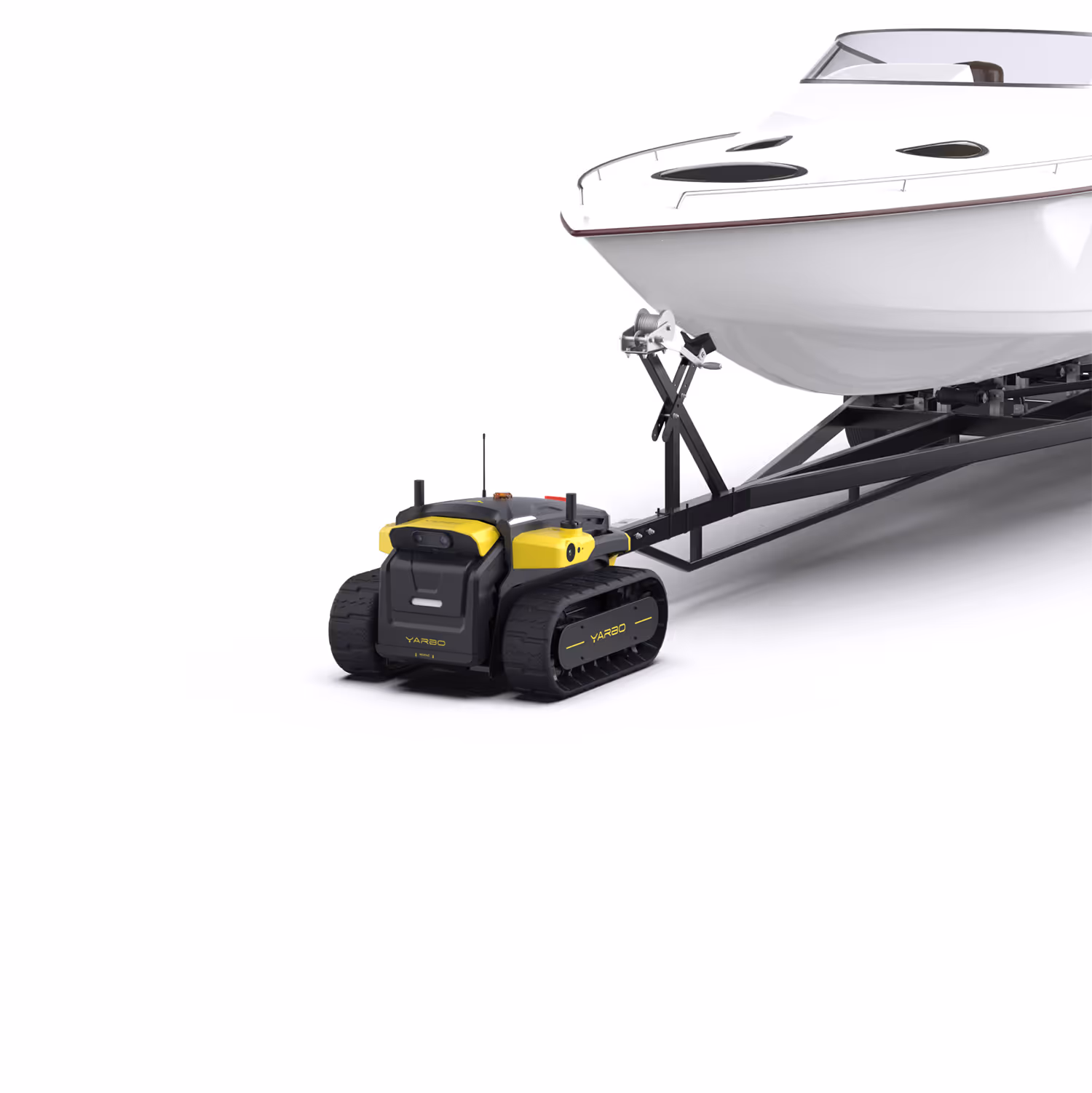 A Yarbo robotic device with yellow and black tracks tows a white boat on a black trailer, showcasing its yard work innovation capabilities.
