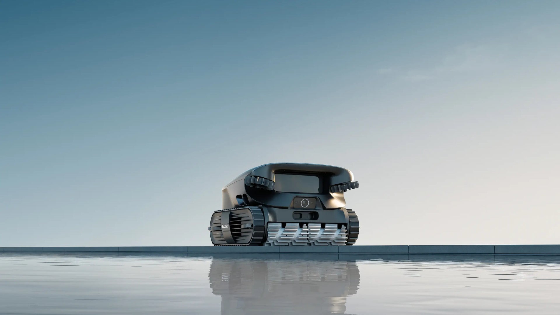 beatbot pool cleaning robot overtop a pool of water with a reflection