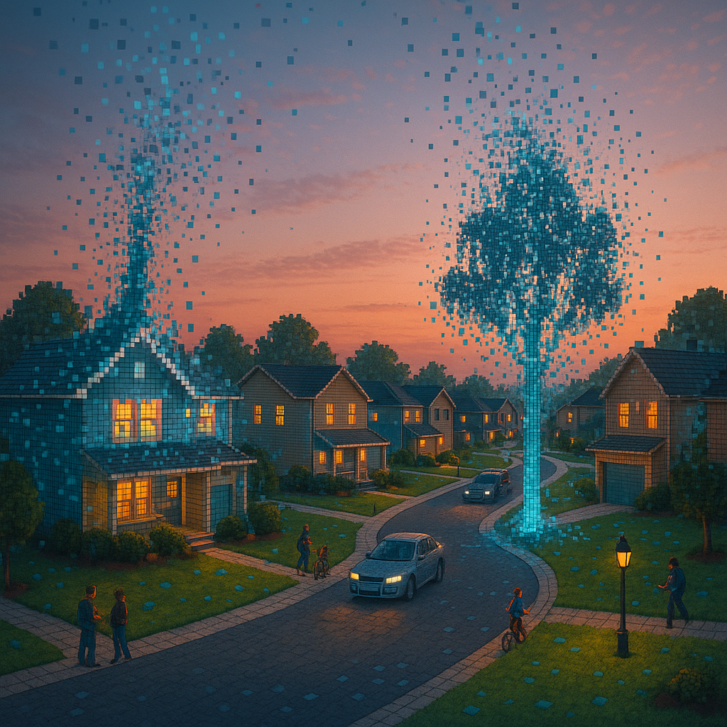 suburban neighborhood with people around on the sidewalk with a digital touch, pixelating the homes and trees.