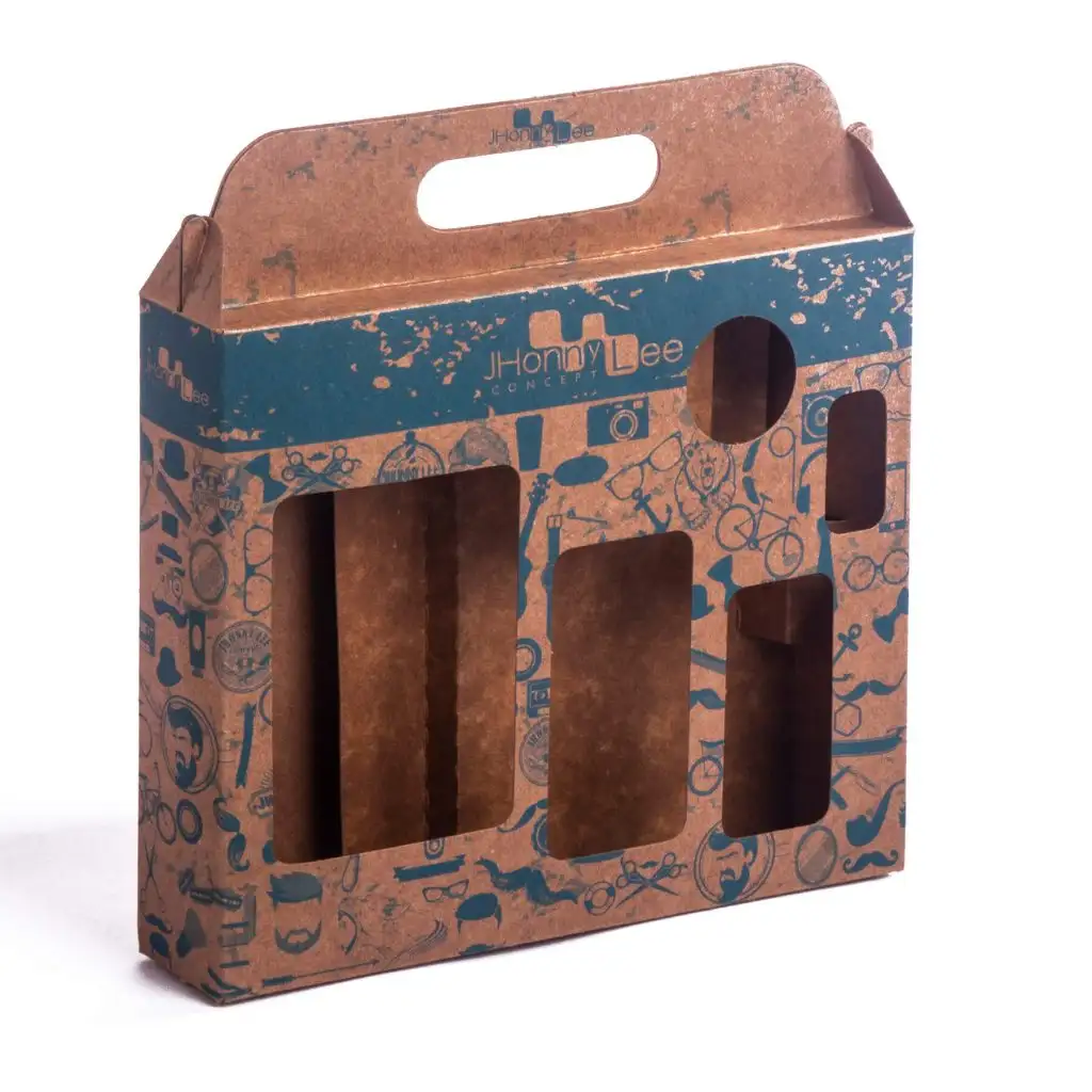 Brown cardboard packaging box with blue vintage-style prints and multiple transparent window cutouts.