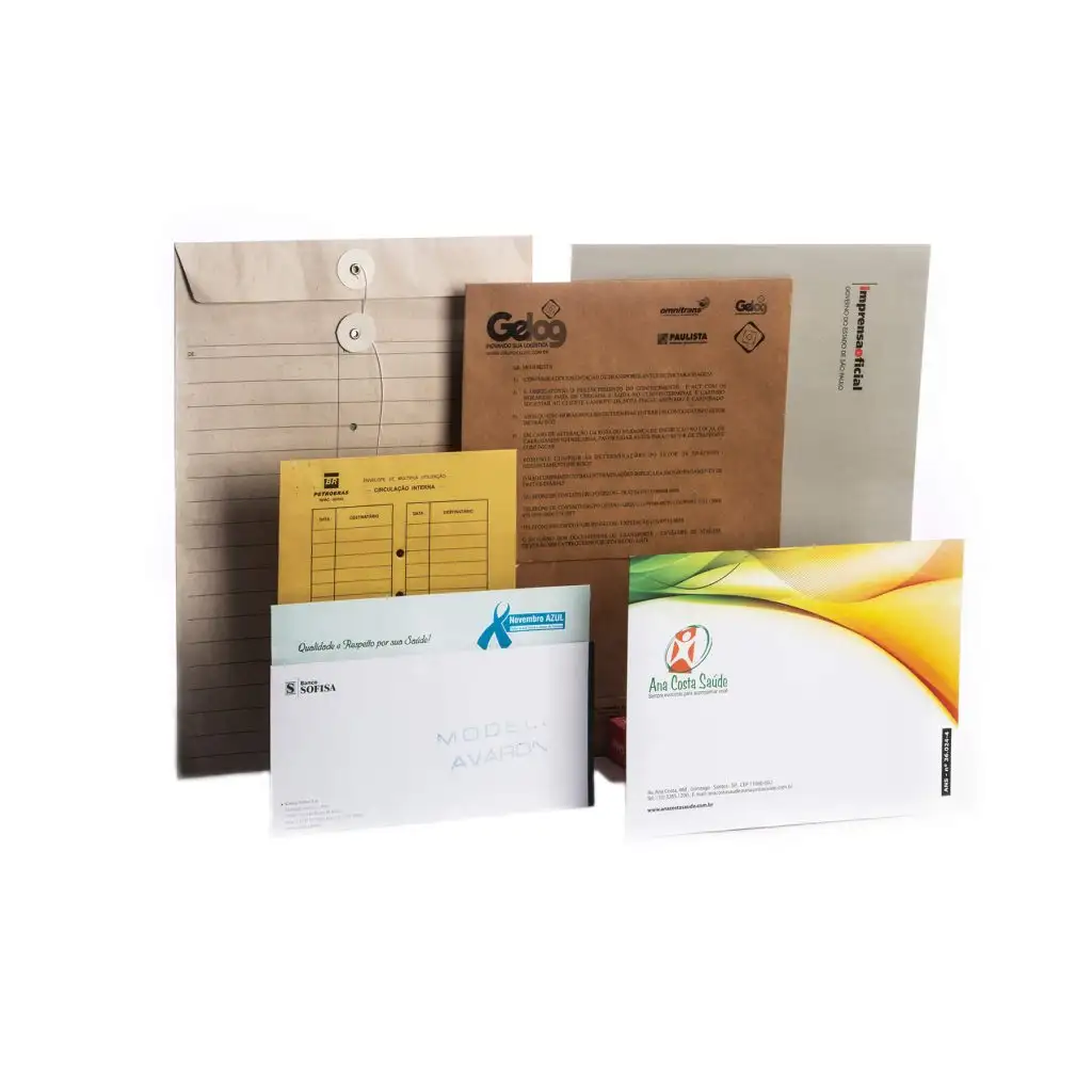Various envelopes and document folders including a brown string-tied envelope, a yellow internal circulation form, and branded envelopes from Ana Costa Saúde and Sofisa.