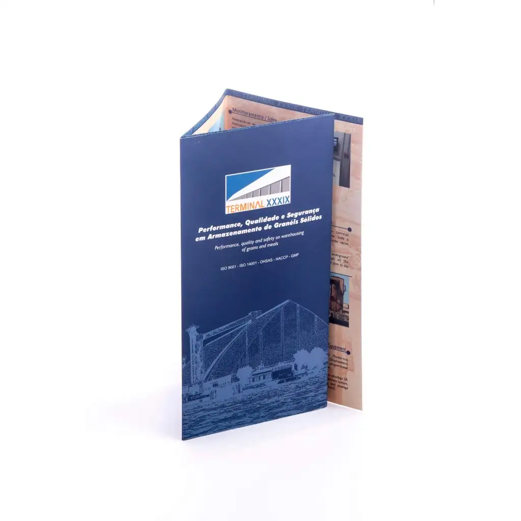 Blue brochure for Terminal XXXIX featuring warehouse performance and safety information on grains and meals storage.