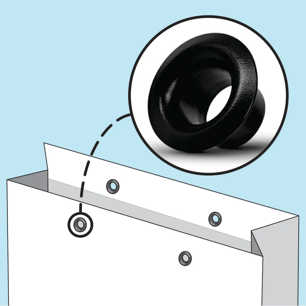 Illustration of a white paper bag with black eyelets along the top edge, with a close-up inset showing a black plastic eyelet.