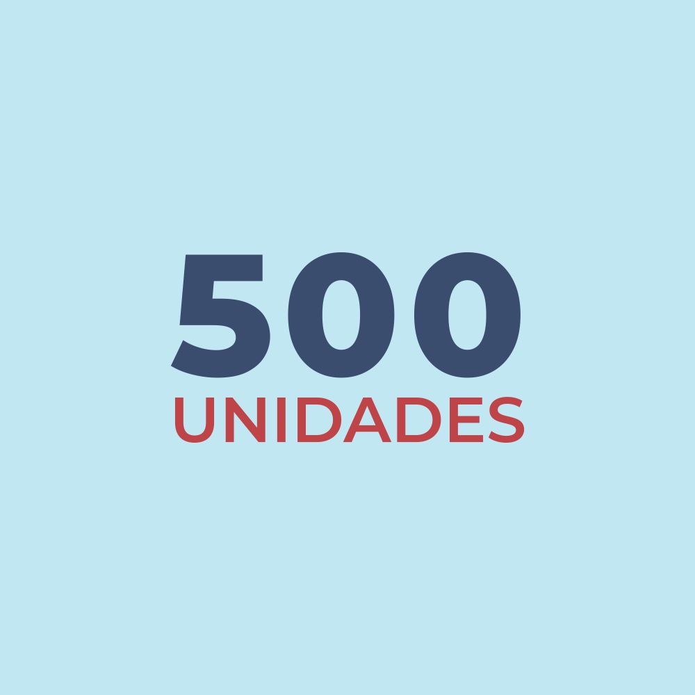 Text displaying the quantity 500 units in large navy and red font on a light blue background.