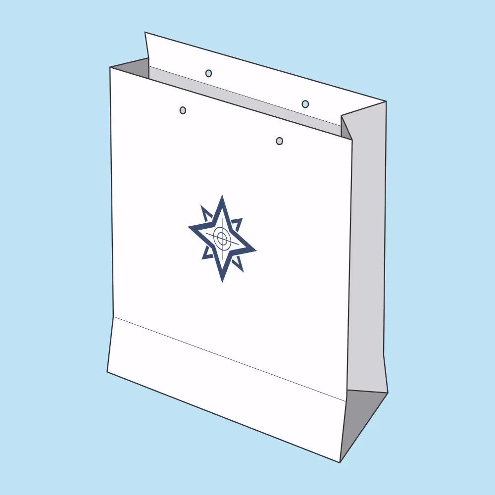White paper shopping bag with a blue star-shaped logo on the front, set against a light blue background.