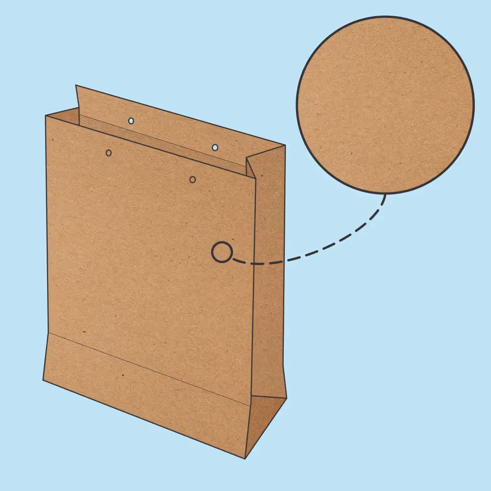 Illustration of a plain brown kraft paper bag with a close-up circle showing the texture of the paper.