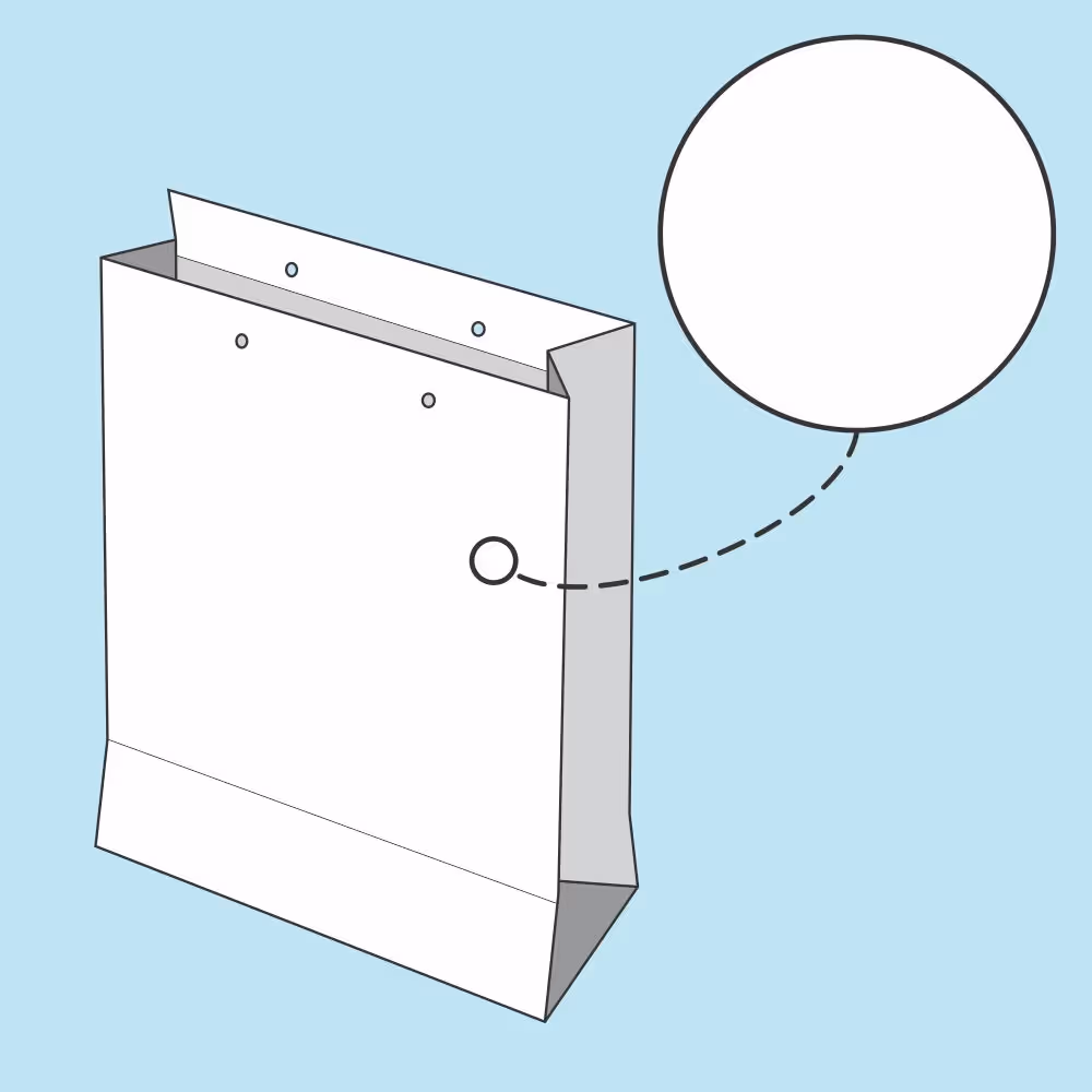 Illustration of a white flat-bottom paper bag with a folded top and small holes near the top edge.