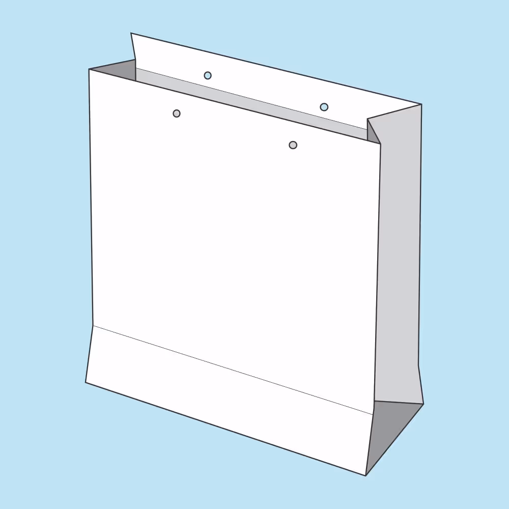 White paper shopping bag with a flat bottom and reinforced holes for handles on a light blue background.