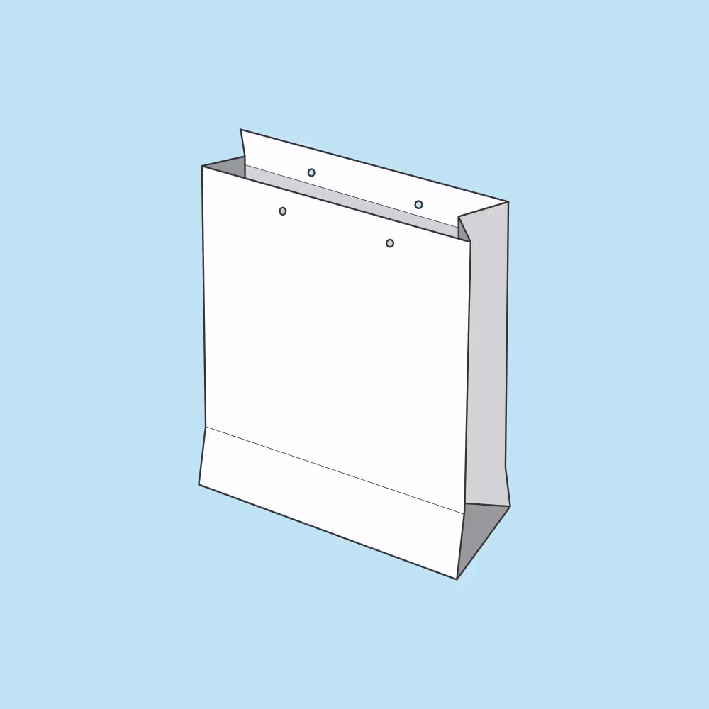 3D illustration of a plain white rectangular paper shopping bag with reinforcements and side gussets on a light blue background.