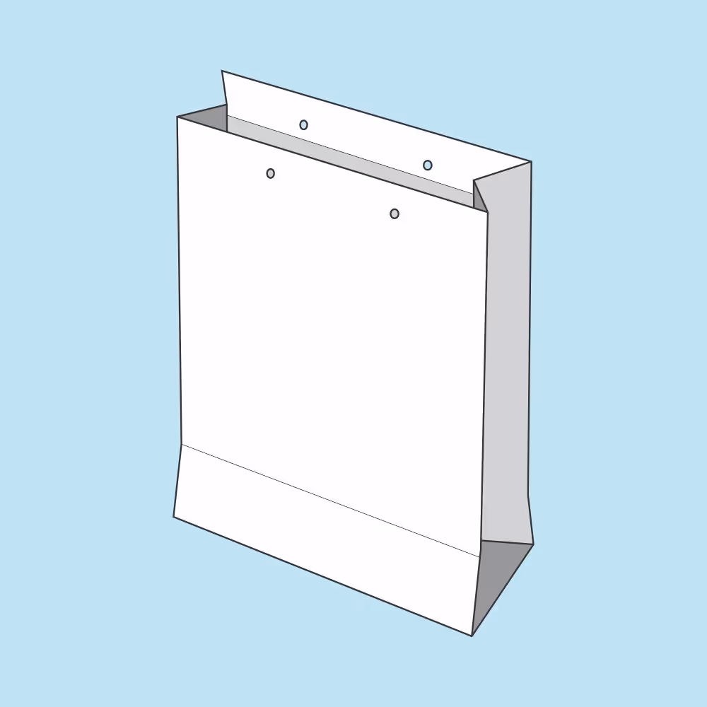 White paper shopping bag with side gussets and reinforced holes for handles on a light blue background.