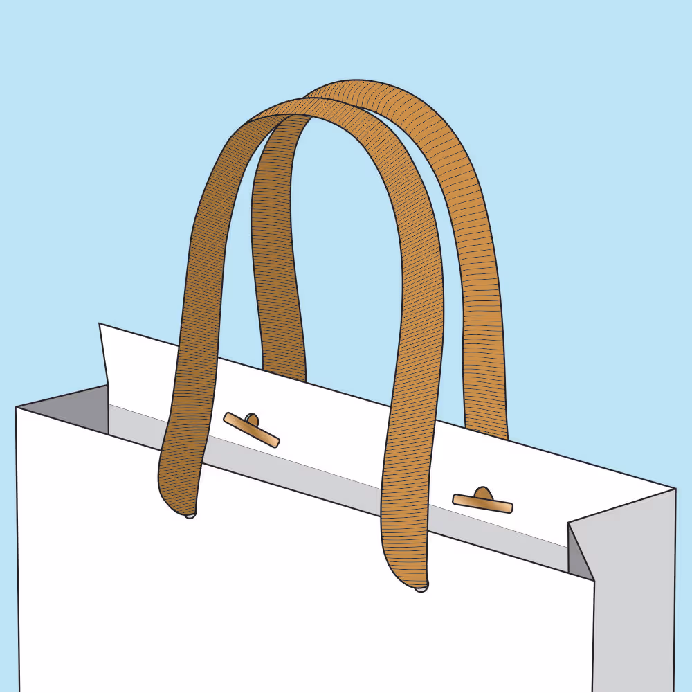 White paper bag with brown twisted handles on a light blue background.