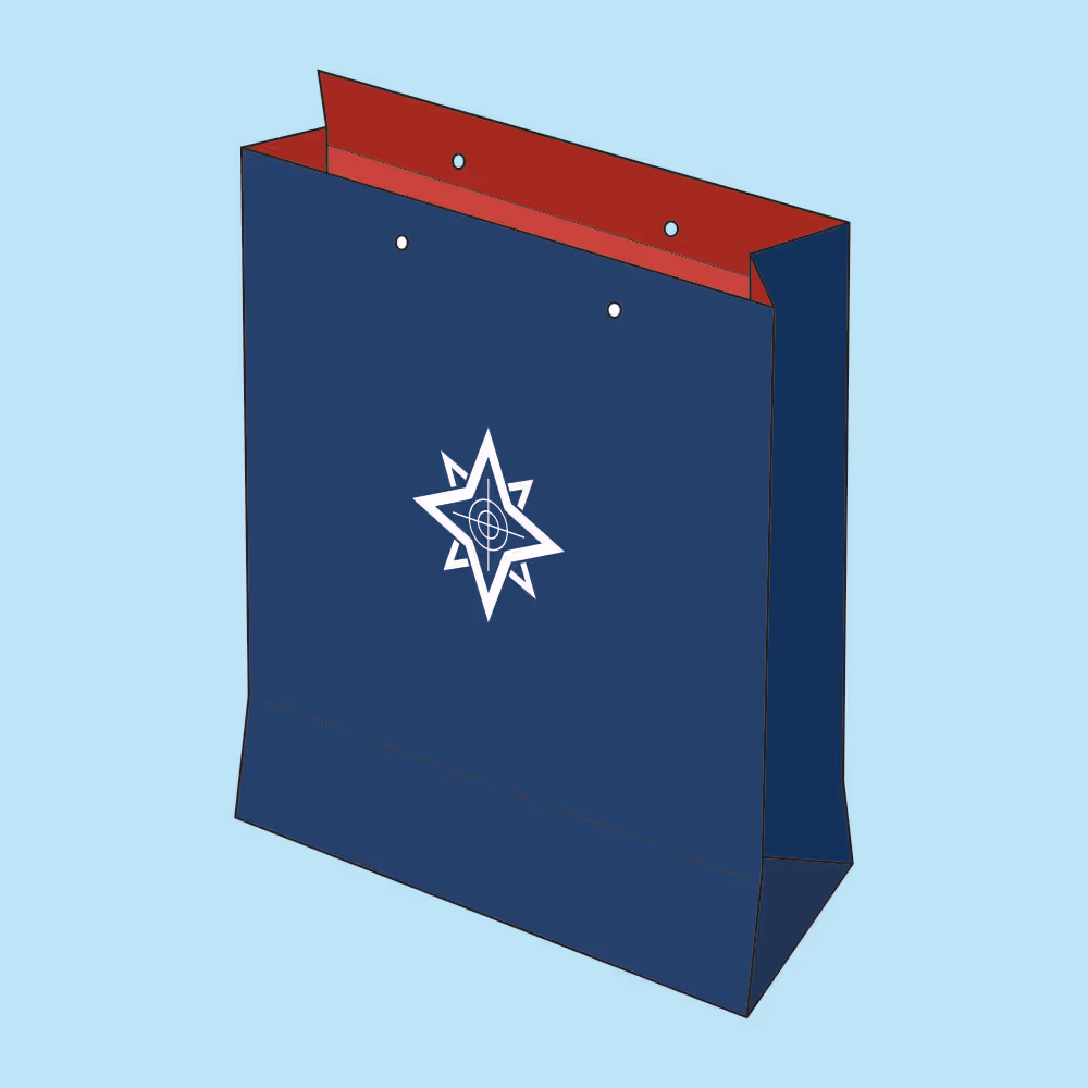 Blue paper shopping bag with red interior and a white star logo on the front.