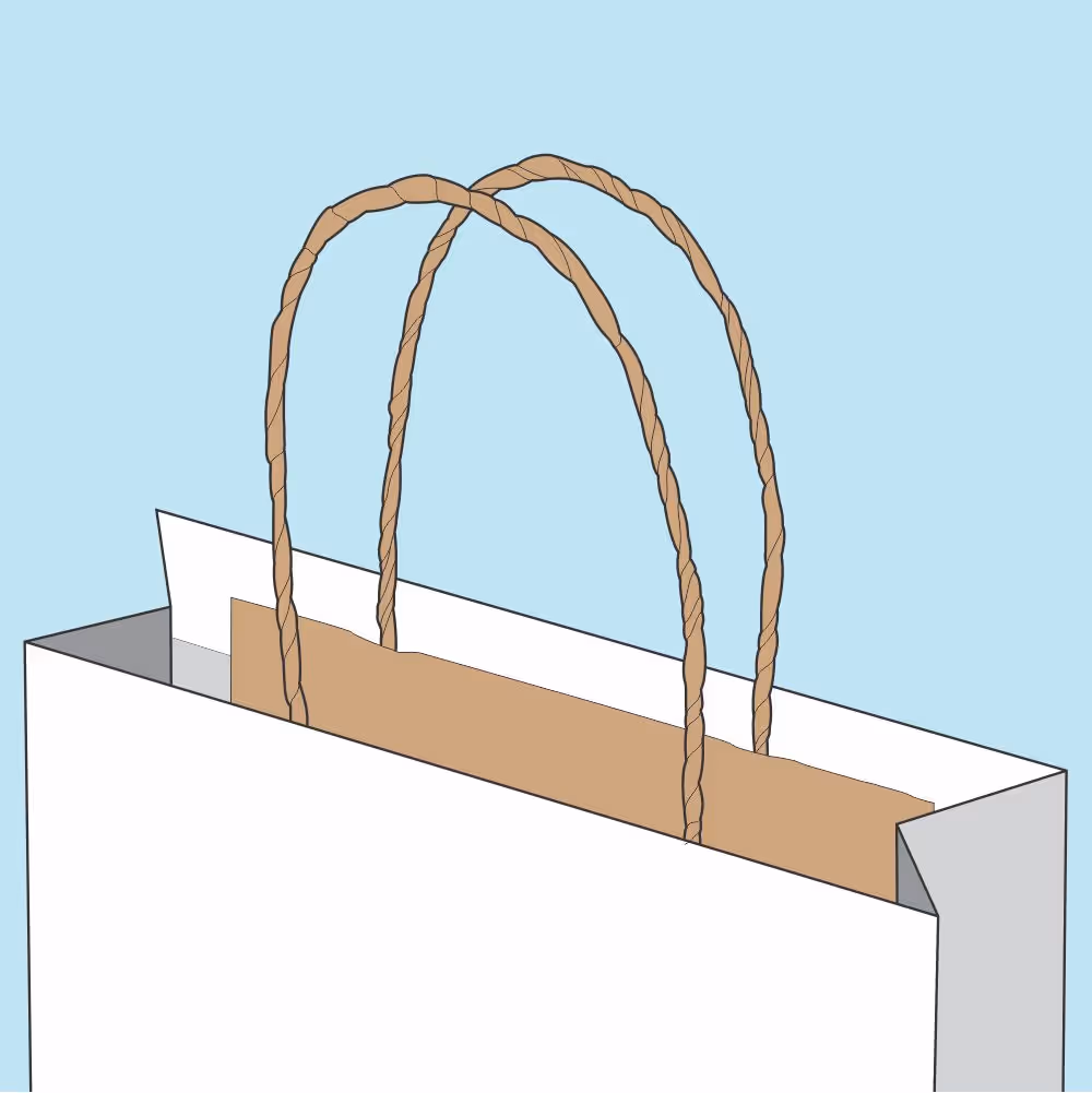 White paper shopping bag with twisted brown rope handles against a light blue background.