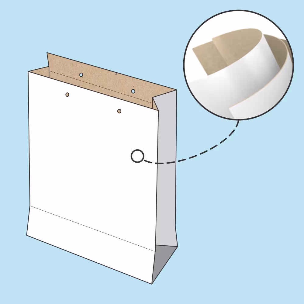 Illustration of a white paper bag with a brown inner lining, highlighting the folded top edge detail.