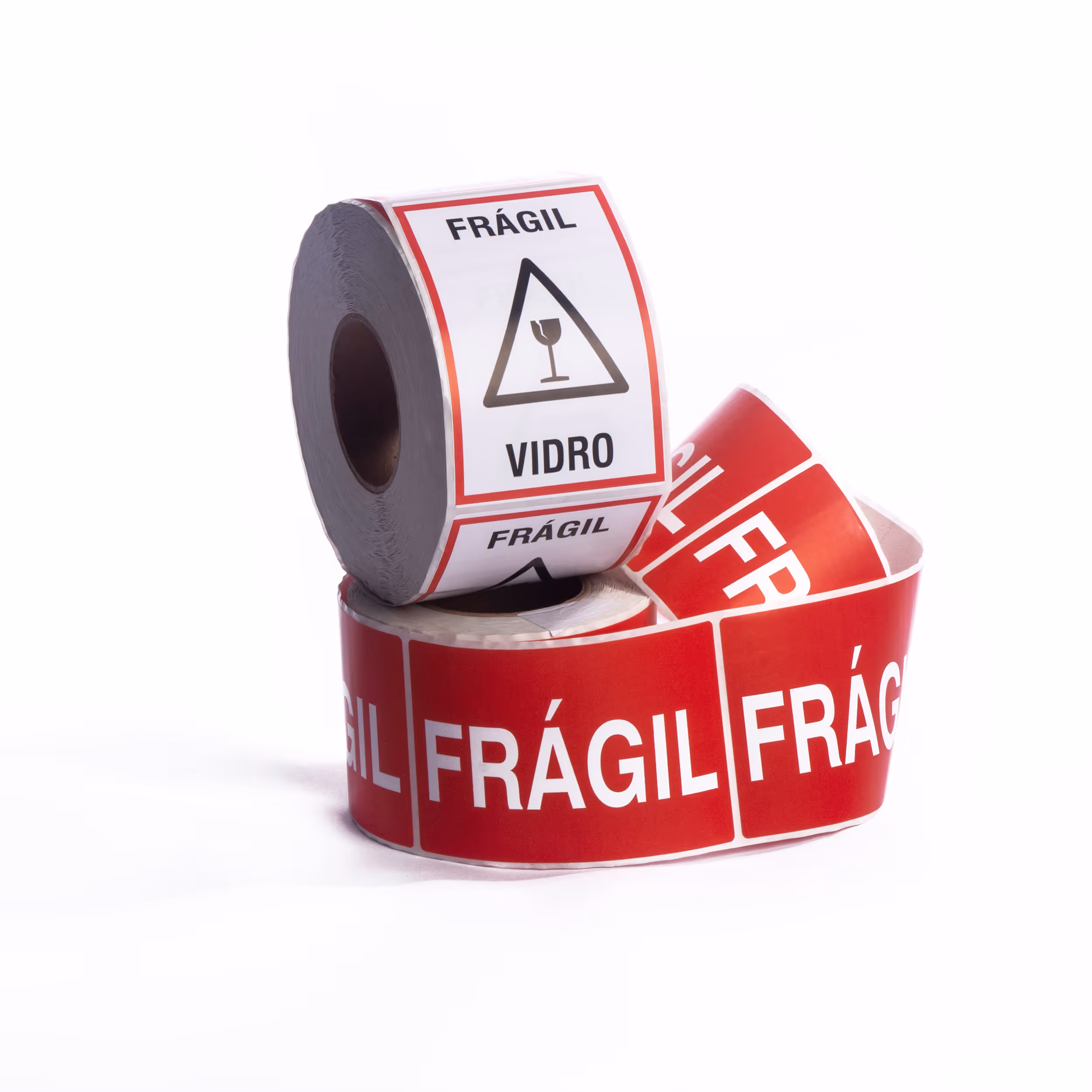 Two rolls of fragile warning tape, one red with white 'FRÁGIL' text and one white with a glass symbol and 'FRÁGIL VIDRO' text.