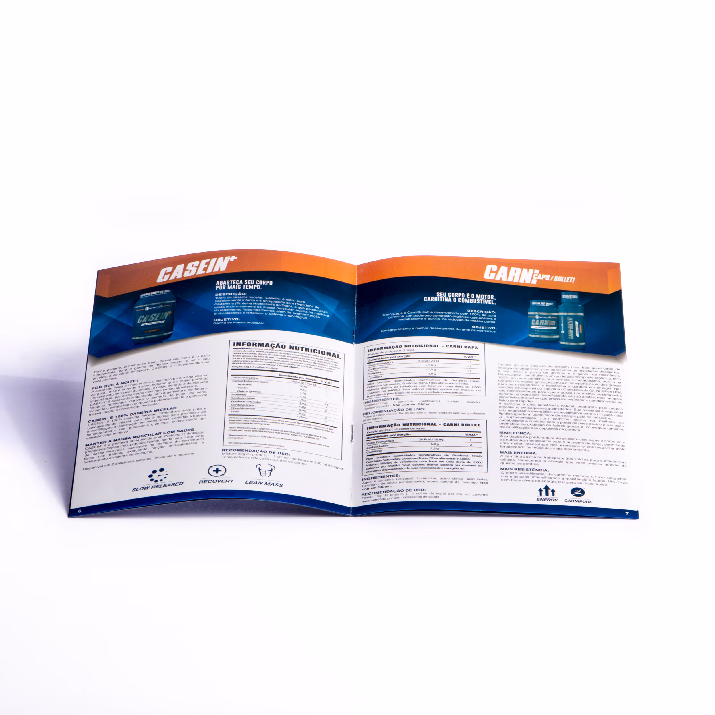 Open brochure displaying nutritional information and product details for CASEIN+ and CARNI CAPS supplements.
