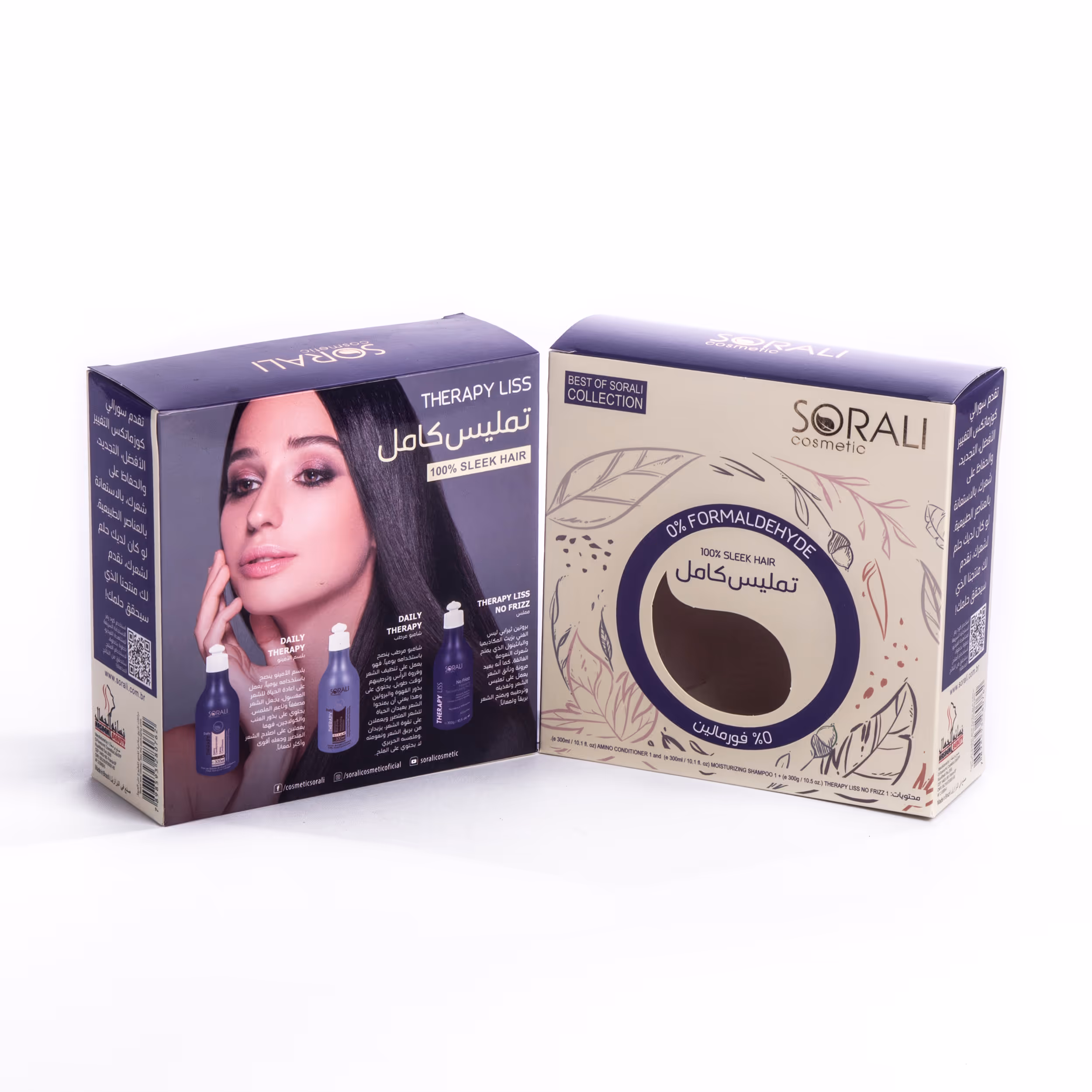 Two boxes of Sorali cosmetic hair treatment products; one shows a woman with sleek hair and product bottles, the other highlights 0% formaldehyde and natural ingredients.
