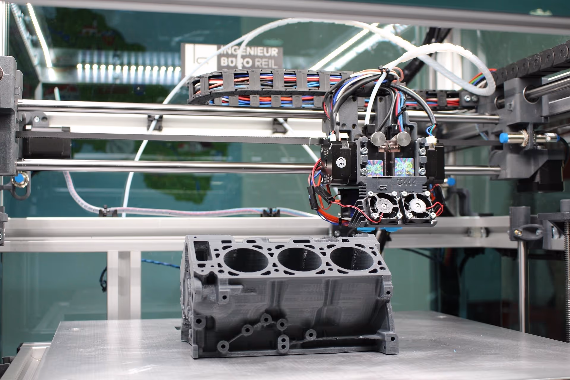 3D printer producing a gray engine block prototype inside an industrial machine.