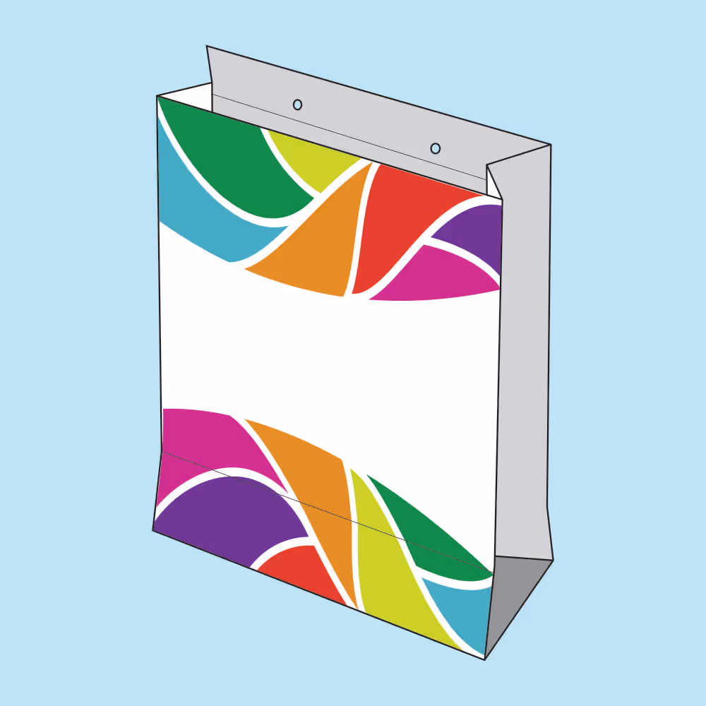 White shopping bag with colorful abstract wavy design patterns on the top and bottom edges against a light blue background.