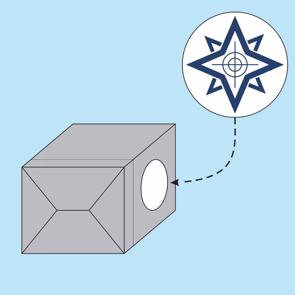 Diagram of a gray rectangular box with a circular hole on one side, highlighting a target symbol inside the hole.