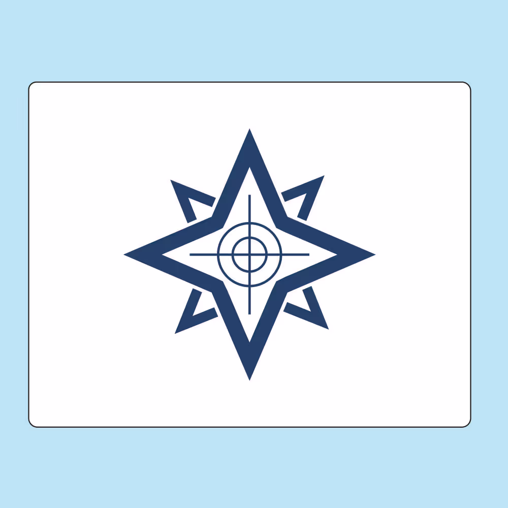 Dark blue compass rose with a central target symbol on a white rectangular background with rounded corners and light blue border.