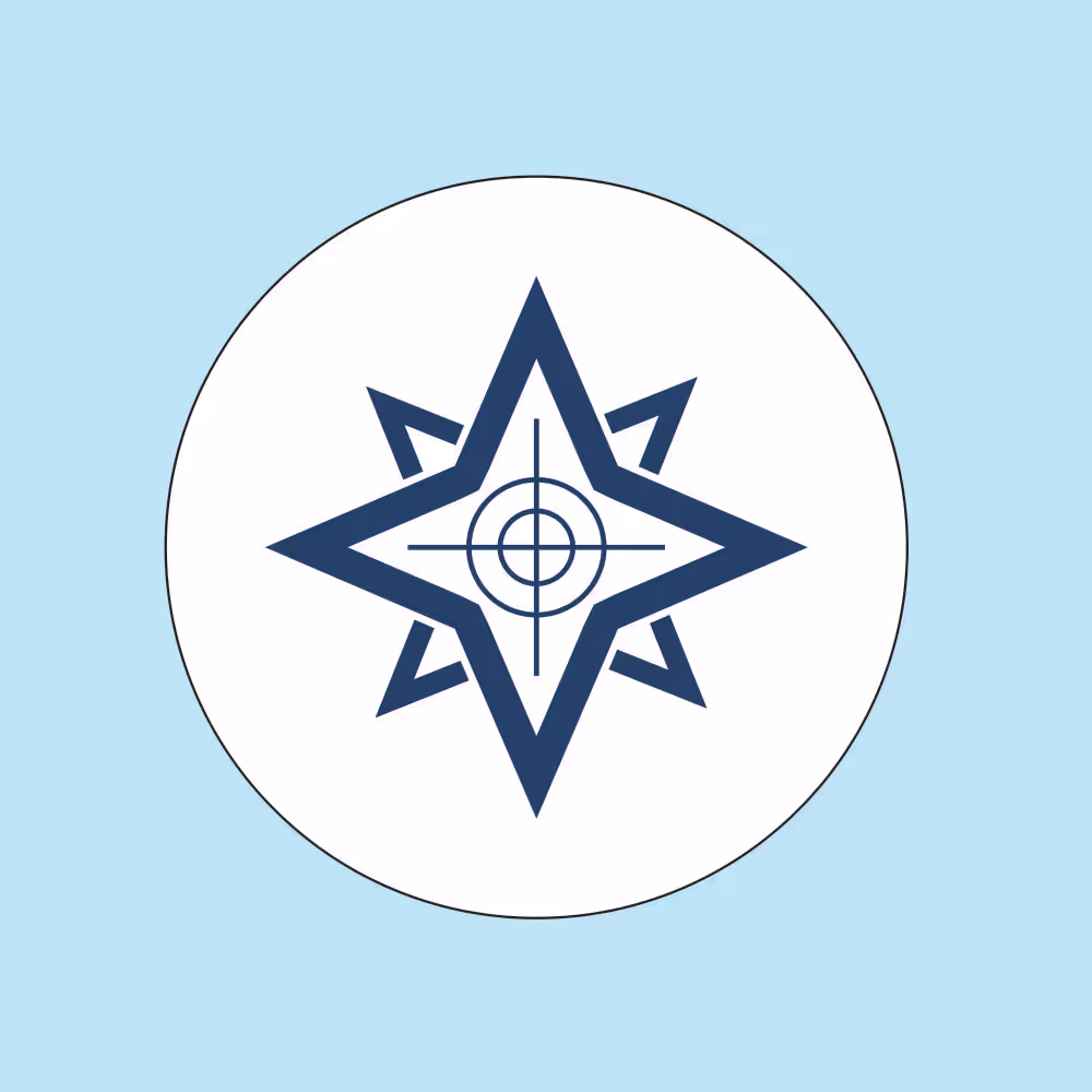 Blue compass star with a circular target in the center on a white round background and light blue square background.