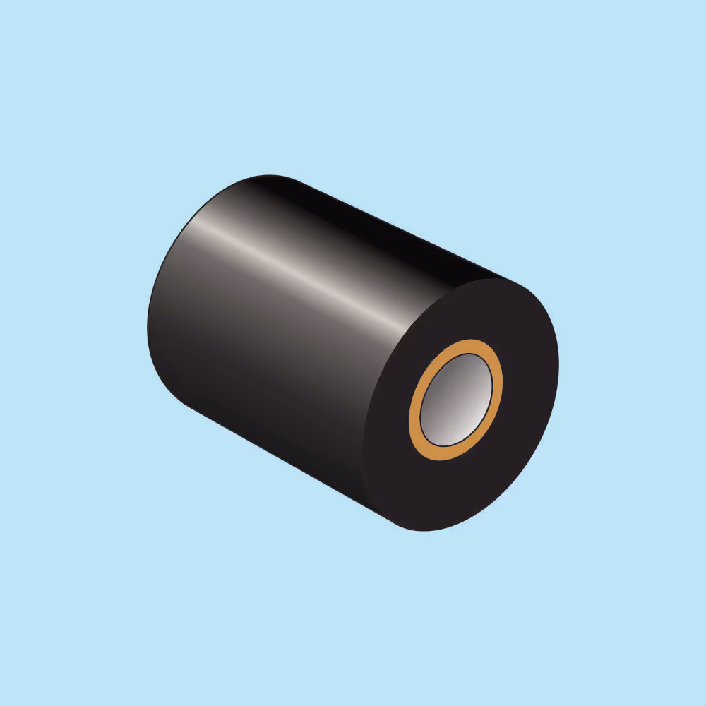 Black cylindrical ribbon roll with a brown core on a light blue background.
