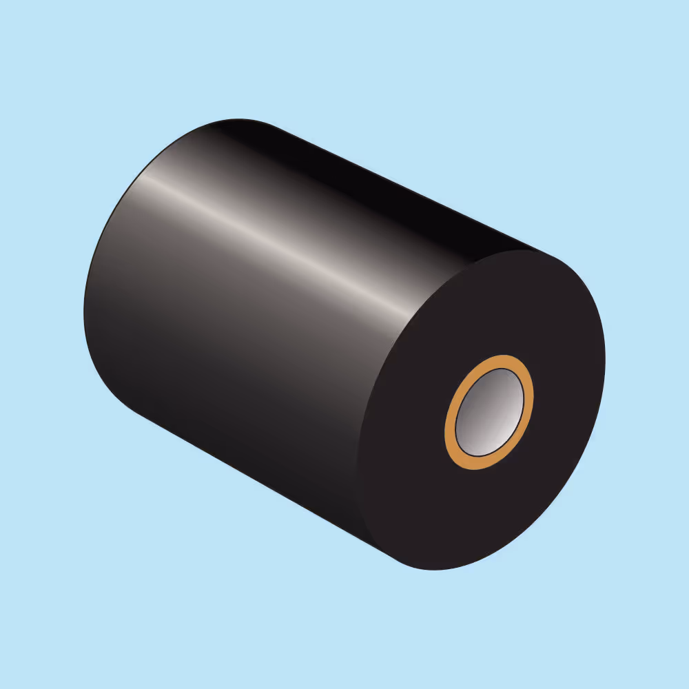 Black cylindrical roll with a brown rimmed hollow center on a light blue background.