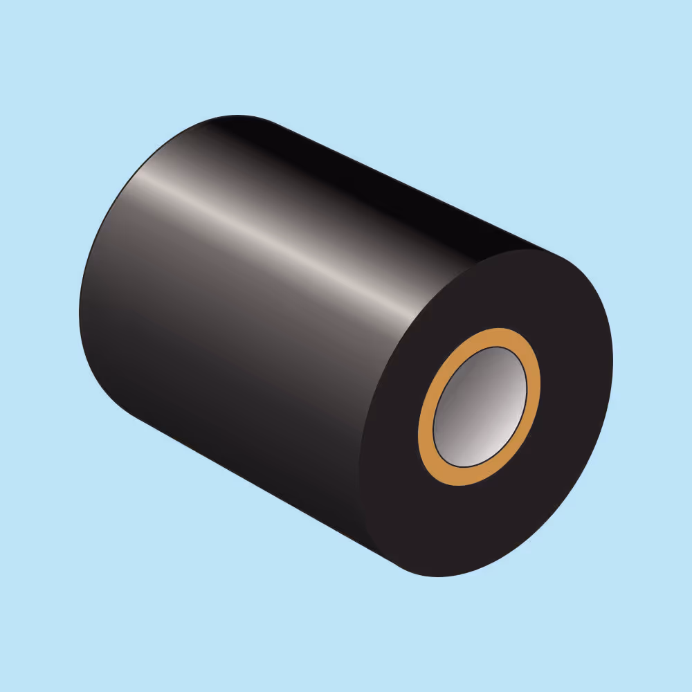 Black roll of thermal transfer ribbon with a brown core on a light blue background.