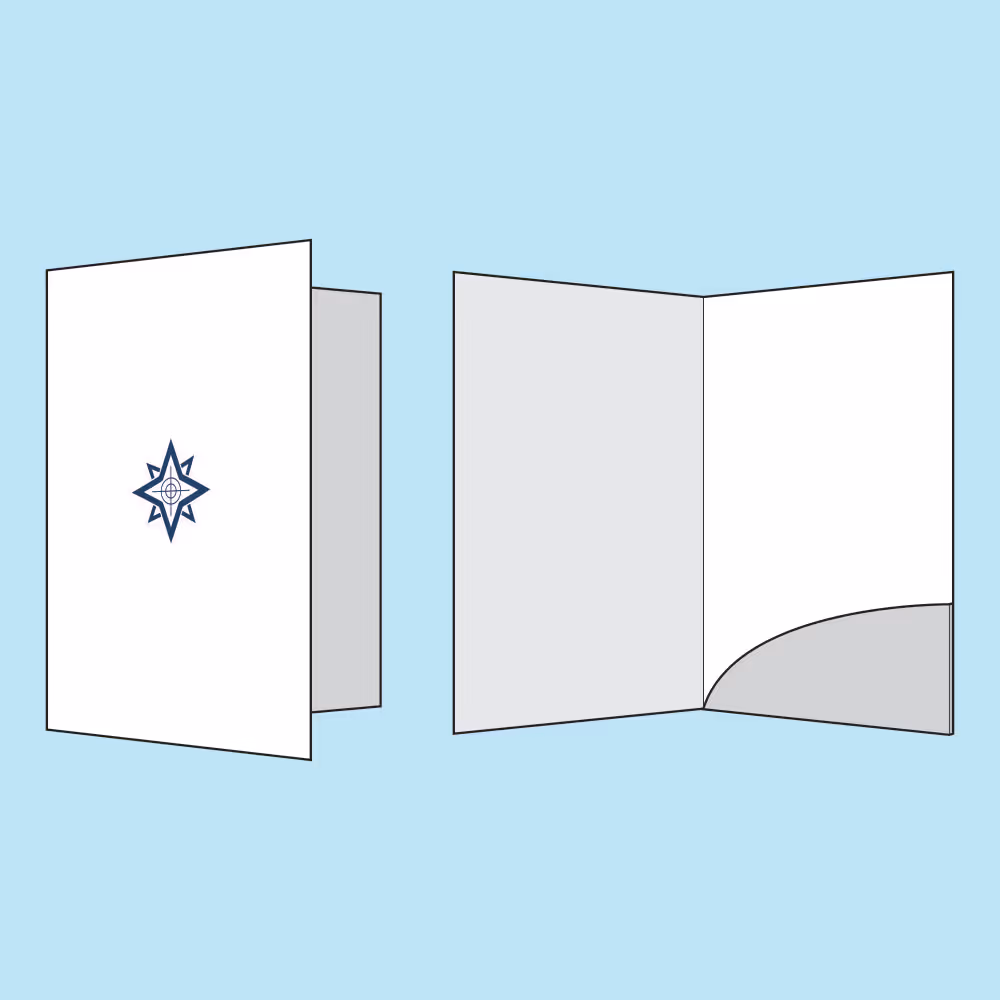 Front and inside views of a white tri-fold folder with a compass star logo on the front and a curved pocket inside.