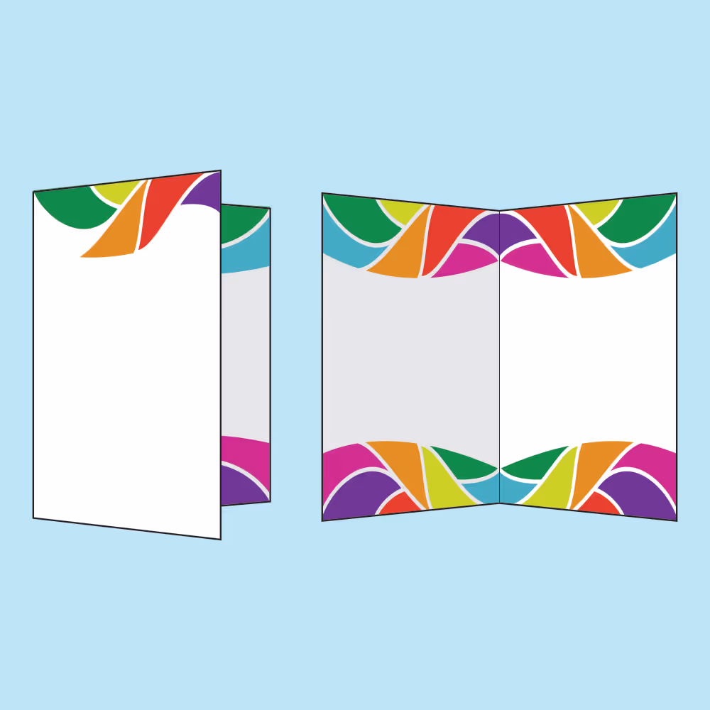 Folded and unfolded brochure templates with colorful abstract patterns on the top and bottom edges.