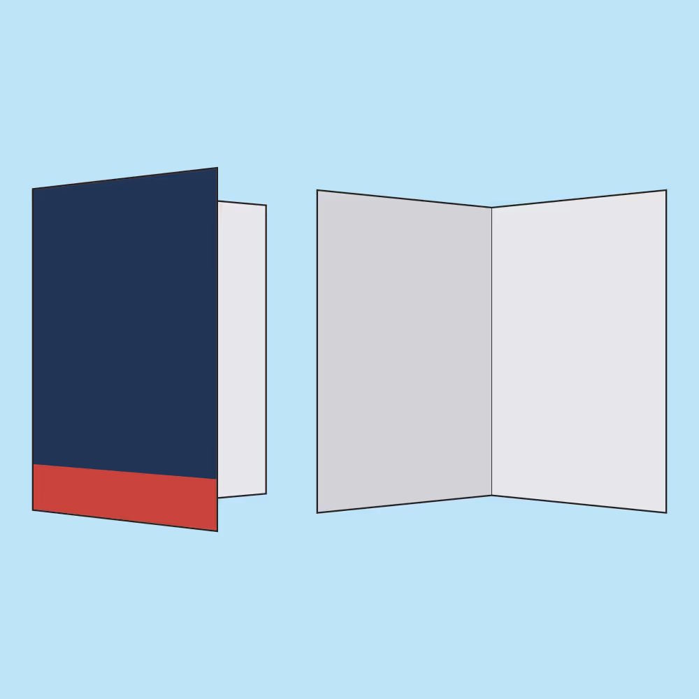 Two folded brochures, one closed with navy blue and red cover, one open showing blank gray and white pages on light blue background.