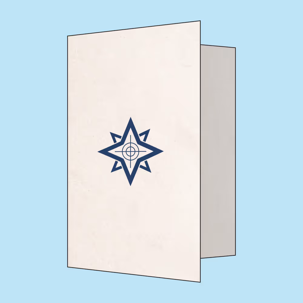 White folder with a blue star-shaped compass logo on the front, set against a light blue background.