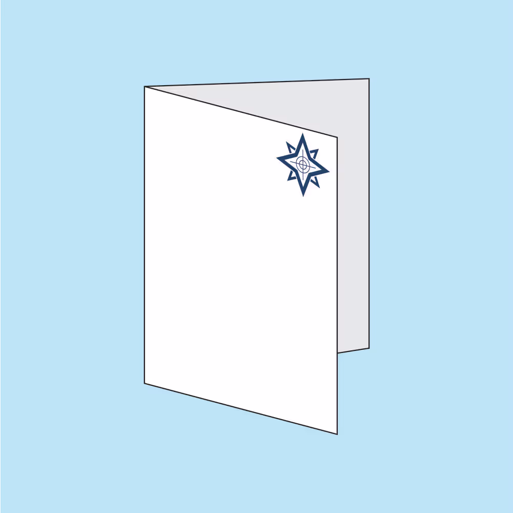 White folded card with a blue star emblem in the top right corner on a light blue background.