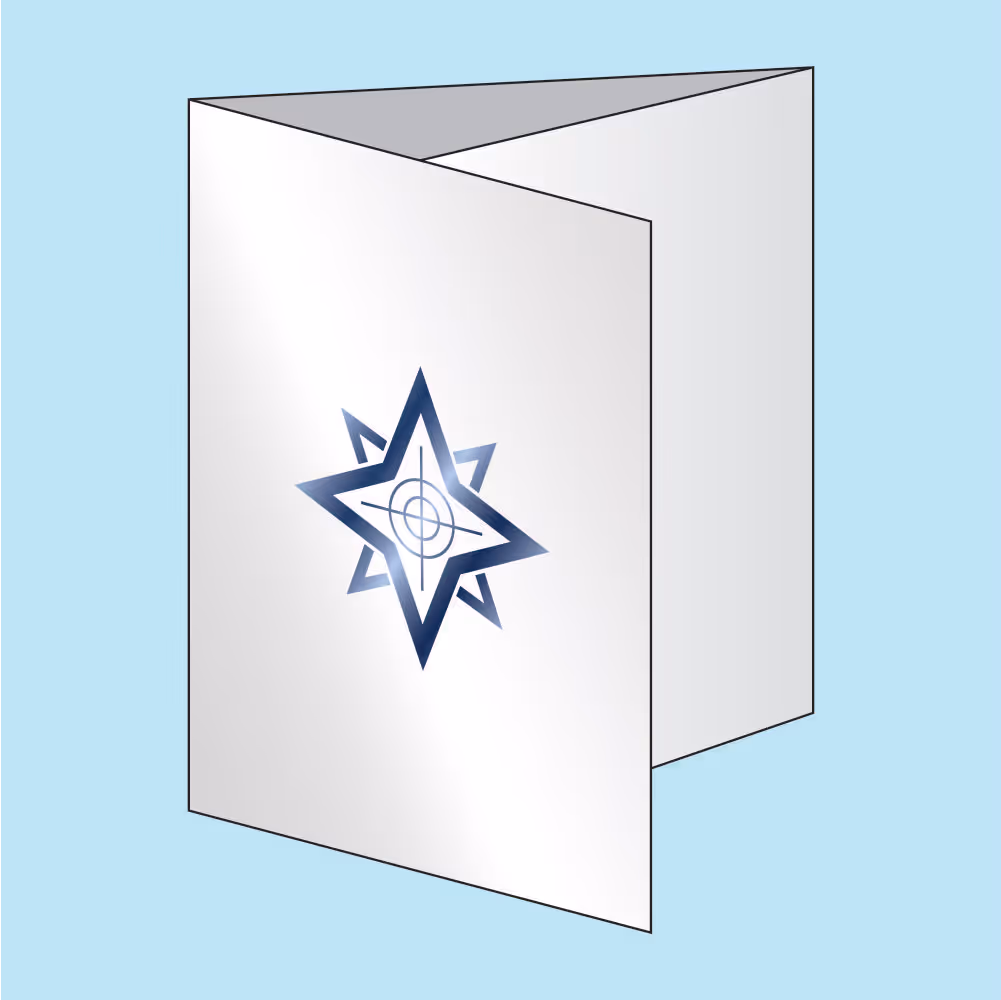 White folded brochure with a blue star-shaped logo on the front cover.