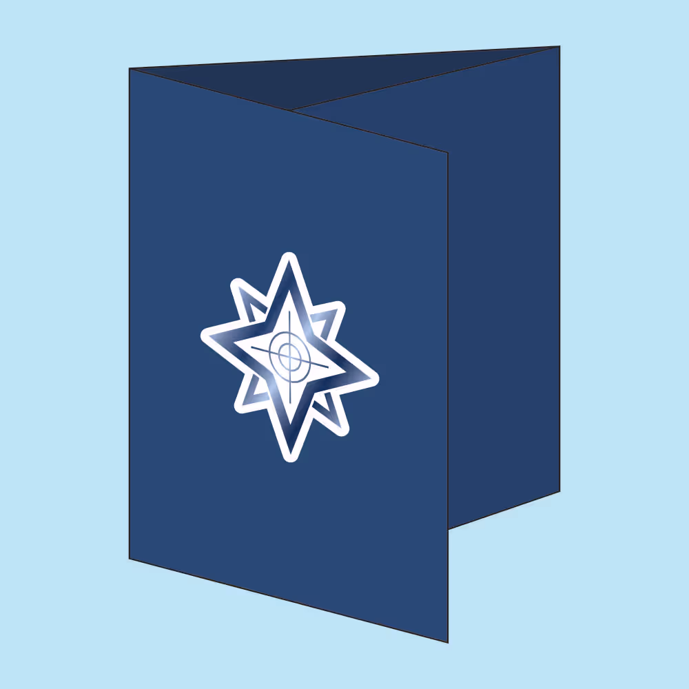 Blue tri-fold folder with a white and blue star-shaped logo on the front.