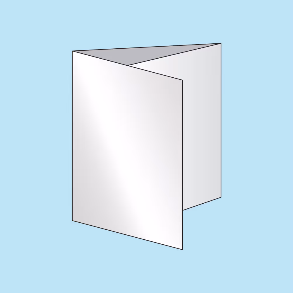 Illustration of a shiny white tri-fold brochure or folder on a light blue background.